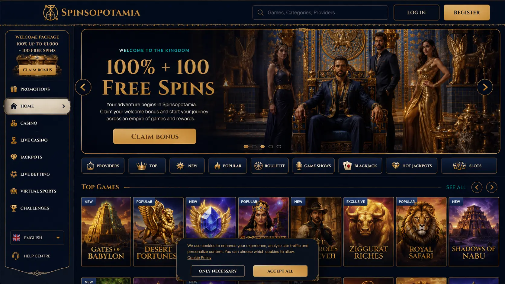 Spinsopotamia Casino lobby interface: a gold-on-navy homepage with the 100% plus 100 free spins welcome banner, a left sidebar listing Promotions, Casino, Live Casino, Jackpots, Live Betting, Virtual Sports and Challenges, a row of category shortcuts including Slots, Roulette, Blackjack and Game Shows, and a Top Games rail featuring Gates of Babylon, Desert Fortunes, Ziggurat Riches and Royal Safari